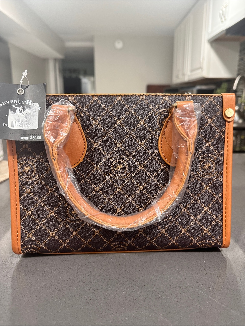Brown Patterned Crossbody Bag with Tan Trim - Picture 4 of 7